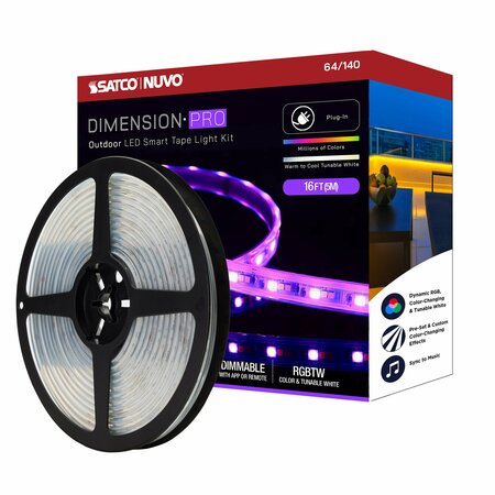 NUVO Dimension Pro Tape Light Strip 16 ft. RGB + Tunable White - Plug - IP65 - Starfish IOT - RF Remote 64/140